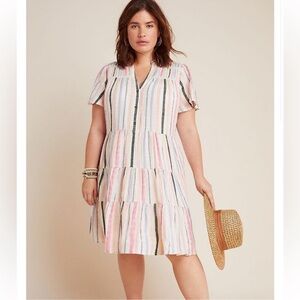Anthropologie Striped Tiered Mini Dress in Pink, Blue, Cream
